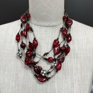 C Red Beaded Rhinestones Women‘s Multi-strands Necklace